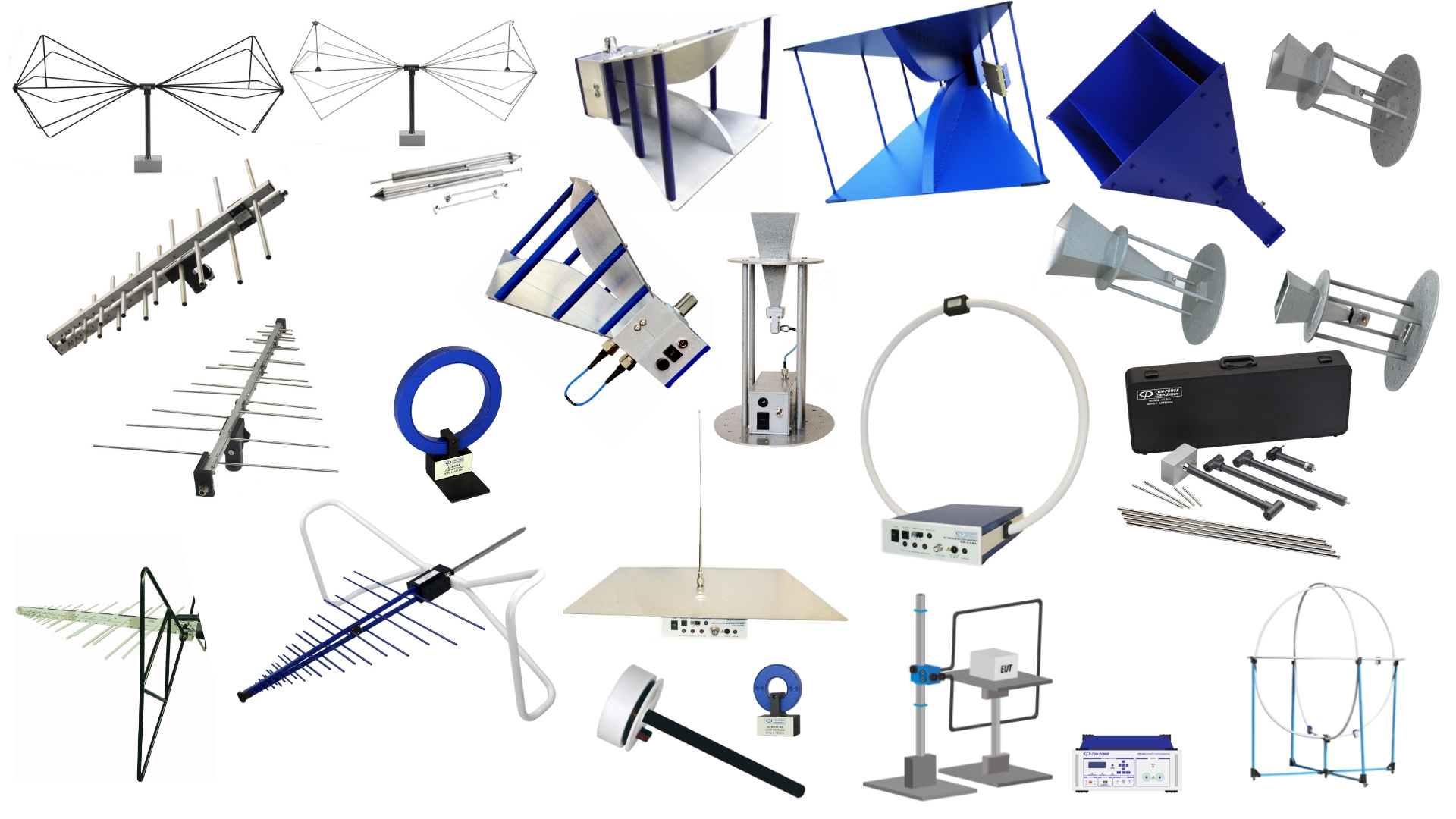 Broadband and tuned antennas cover the frequency range of 9 kHz - 40 GHz